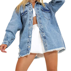 Veste en jean délavé pour femme, manches longues, fermeture boutonnée, col rabattu, style vintage décontracté, coupe régulière, longue - Product Image 6