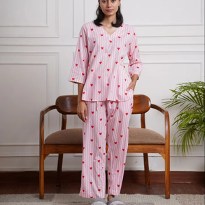 Conjunto de Pijama para Mujer, 100% Algodón, Estampado de Corazones Rosados, Suave, Transpirable, de Secado Rápido, para Primavera/Verano, Ropa de Dormir, Ropa de Casa - Product Image 1