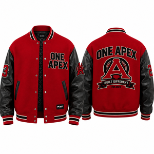 Custom <b>Red</b> <b>Wool</b> Leather Varsity Jacket Men Chenille Letterman Jacket College Bomber Jacket OEM Streetwear Outerwear - Product Image 2