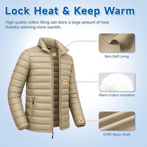 Chaqueta acolchada beige para hombre con cuello alto, ligera, con cierre de cremallera, a prueba de viento, para invierno. - Product Image 4