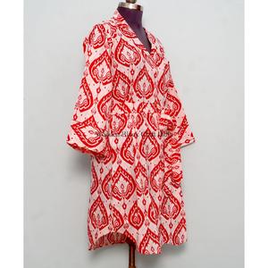 Hermosa Camisa Larga de Algodón Indio Roja para Mujer, Vestido Cruzado con Cinturón, Decoración de Botones, Estilo Simple y Dulce, Línea A, Ropa Étnica Moderna para Estar en Casa - Product Image 4