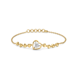 Elegante pulsera de oro con diamantes cultivados en laboratorio y una delicada cadena con motivos de corazones pulidos, con una pulsera central de corazón abierto. - Product Image 1