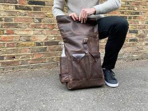 Unisex Minimalist Leather <b>Roll</b> Top <b>Backpack</b> Neutral Tones Rucksack For Couples Versatile Travel Bag LRTB-0198 - Product Image 2