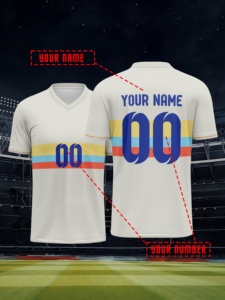Camiseta de Fútbol Personalizada para Hombre, Color Crema, Diseño Retro a Rayas, Transpirable, Cuello en V, con Nombre Personalizado - Product Image 5