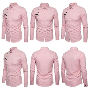 Camisa de Vestir Rosa para Hombre, con Botón Lateral Asimétrico, de Lujo, Casual, Corte Ajustado, Diseño de Manga Larga, Blusa de Algodón a la Moda - Product Image 4