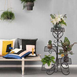 Scaffale in metallo nero a 4 ripiani quadrati per fiori, da interno ed esterno, supporto per piante da giardino, decorazione, arredo da esterno - Product Image 2