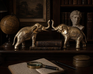 Juego de Estatuas de Pareja de Elefantes Hechas a Mano, Acabado Dorado, Figuras Decorativas de Elefantes con Troncos Elevados, Elegantes Figuras de Animales de Metal - Product Image 1