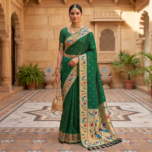 Sari en soie avec motifs de paons et de fleurs, tissage Meenakari, tenue traditionnelle indienne pour mariage, pour femmes - Product Image 4