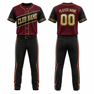 Conjunto de Uniforme de Béisbol Personalizado para Hombre, Color Granate, Negro y Dorado, Sublimado, Transpirable, Manga Corta, 100% Poliéster, Corte Regular - Product Image 1