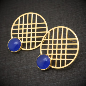 <b>Unique</b> Geometric 18k Gold Plated Grid Earrings with Lapis Lazuli Gemstone – Minimalist Statement Stud Earrings - <b>Gift</b> <b>for</b> <b>her</b> - Product Image 6
