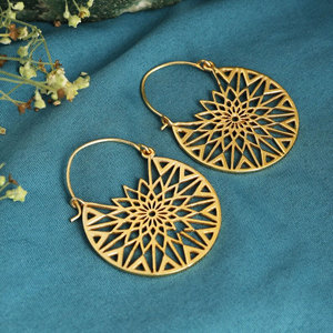 Handmade Gold Mandala Filigree Hoop Earrings Geometric Starburst <b>Boho</b> Ethnic Jewelry <b>for</b> Women - Product Image 3