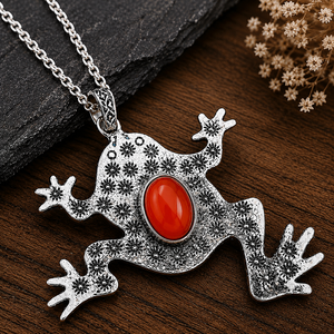 Collier décoratif grenouille en cornaline hydro-synthétique, avec breloque botanique en laiton sertie, plaqué or/argent, unisexe, marque privée - Product Image 4