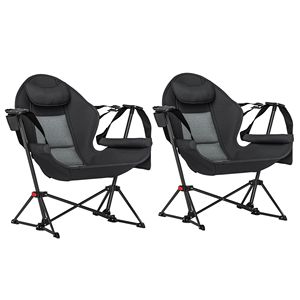 Sillas de camping de metal de 2 piezas con hamaca, respaldos ajustables, diseño plegable, asiento oscilante, portavasos, asiento acolchado, acabado negro - Product Image 1
