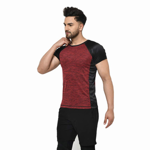 T-shirt à manches raglan pour homme, rouge et noir, couleur unie, col rond, séchage rapide, coupe ajustée, sportif, tricoté en polyester, manches courtes, vêtements de sport - Product Image 4