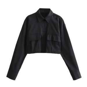 Camisa corta a rayas para mujer, manga larga, cuello vuelto, top informal tejido, corte regular, para todas las estaciones - Product Image 4