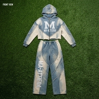 Ensemble de survêtement deux pièces pour femme : sweat à capuche court brodé uni délavé avec fermeture éclair et pantalon de jogging large avec ceinture