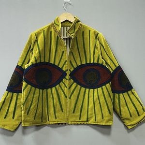 Veste en velours pour femmes grandes tailles EcoDari, style vintage, imprimé yeux brodés, col montant, col détachable, fermeture éclair, veste Suzani en coton - Product Image 1