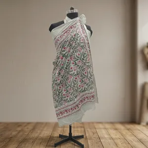 White Pink Floral Hand Block Printed Cotton Sarong Scarf with Green Vine Border Lightweight <b>Beach</b> <b>Wrap</b> Stole for Women - Product Image 2
