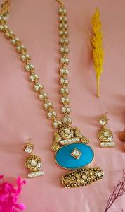 Classic Stylish <b>Gold</b> Plated Moissanite Stone Look Long <b>Necklace</b> <b>Set</b> with <b>Earrings</b> Women Designer Jewelry Wedding Party Gift - Product Image 2