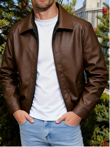 TRIBON SPORTS <b>Men's</b> Black Cow Skin <b>Leather</b> Bomber <b>Jacket</b> Stand Collar Zipper Closure Slim Fit Regular Sleeve Solid Color Winter - Product Image 1