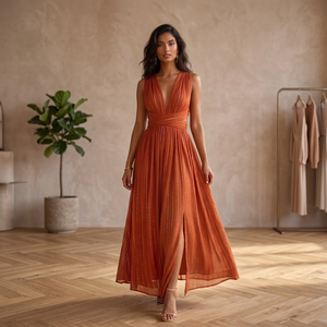 Robe longue unie sans manches à col en V profond, style bohème, en rayonne respirante, coupe ample, taille naturelle, pour l'été, les fêtes, les occasions décontractées et les <span class=keywords><strong>vacances</strong></span> - Product Image 4