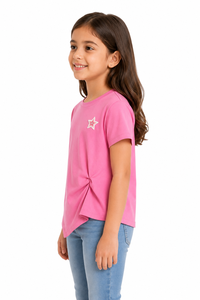 Girls Pink Star Accent <b>Asymmetrical</b> <b>Hem</b> T Shirt Soft Cotton Blend Short Sleeve Casual Stylish Everyday <b>Top</b> Comfortable Summer - Product Image 2