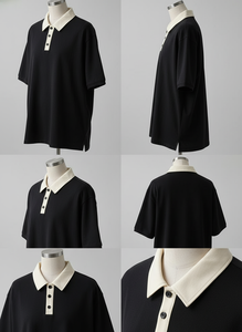 Polo noir pour homme tendance |   Coupe ample à épaules tombantes |   Chemise d'été élégante à manches courtes avec col contrastant - Product Image 4