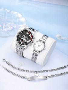 192008 Juego de 2 Relojes de Cuarzo de Acero Inoxidable Plateado para Pareja y Juego de 2 Pulseras Plateadas con Forma de Corazón a Juego - Product Image 2