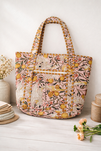 Bolso Tote Mediano Acolchado Rosa y Amarillo con Cierre de Cremallera, Asas Dobles, Reutilizable, para Compras Diarias de Mujer - Product Image 1