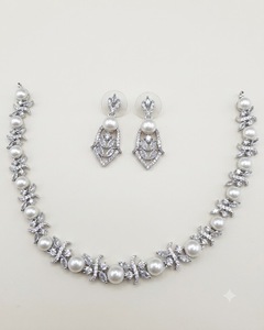 <b>Pearl</b> Studded American Diamond Collar <b>Necklace</b> <b>Set</b> With Earrings Marquise Cut Stone Sparkling AD Jewelry <b>Set</b> For Party Wholesale - Product Image 1