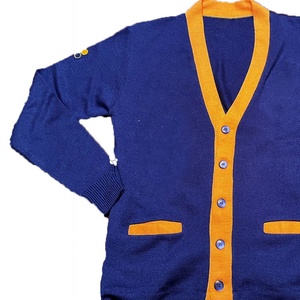 Cárdigan de punto azul para mujer, con cuello en V, manga larga, ribete amarillo y botones, suéter informal de color liso. - Product Image 4