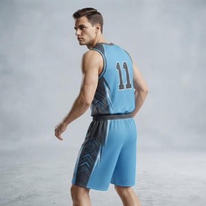 Ensemble short et maillot de basket-ball personnalisé bleu ciel et gris, uniforme d'équipe graphique, vêtements de sport par sublimation, maille respirante, OEM ODM - Product Image 3
