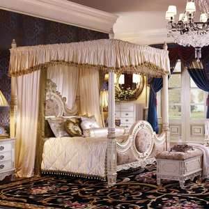 Juego de Dormitorio King con Dosel de Estilo Francés de Lujo, Madera de Caoba Sólida Tallada a Mano, Tapizado en Blanco y Dorado, Muebles de Hotel, Cama de Palacio - Product Image 1