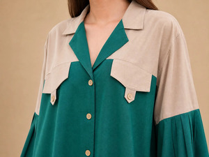 Vestido Camisero de Satén para Mujer, Verde Beige con Bloques de Color en Contraste, Manga Larga, Cierre de Botones, Corte Holgado, para Oficina, Casual, Uso Diario - Product Image 3