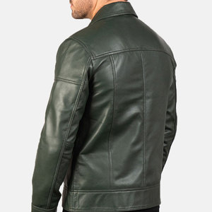 เสื้อแจ็คเก็ตหนังแกะแท้สีเขียวสำหรับผู้ชาย แบบเย็บลายสไตล์ไบค์เกอร์ คอปกเสื้อเชิ้ต คอปกโปโล ทรงเข้ารูป สไตล์สั่งตัด - Product Image 4