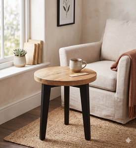Modern <b>Round</b> Solid Wood Coffee <b>Table</b> Minimalist Natural Teak <b>Side</b> <b>Table</b> With <b>Black</b> Wooden Legs For Living Room Hotel - Product Image 4