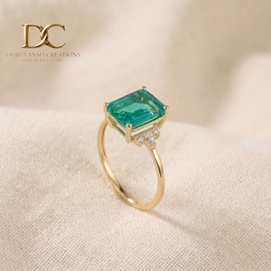 Luxury Trendy Solid Yellow Gold 14KT <b>Ring</b> With Lab Grown Diamond and Colombia Emerald for Women's Fine <b>Custom</b> Jewelry - Product Image 3
