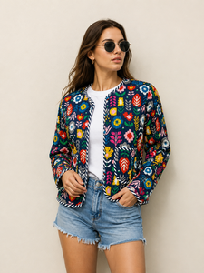 Veste en coton brodée à la main pour femmes |   Veste courte ethnique bohème florale |   Manteau décontracté matelassé artisanal tendance - Product Image 3