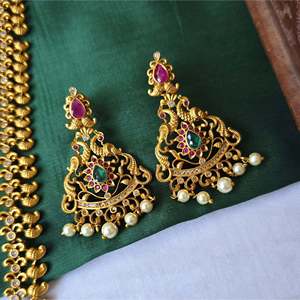 South Indian Bridal Wedding Jewelry Set-Gold Plated Zircon & Ruby Necklace and Earring Set - Product Image 3