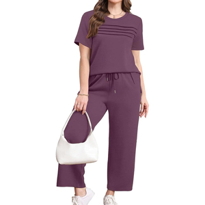 Women Plain Two Piece Set Casual Loose Fit T Shirt <b>Elastic</b> Waist Pants Matching Lounge Wear - Product Image 5