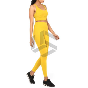 Ensemble de yoga pour femme couleur unie avec logo frontal, respirant et écologique, nouveau style, best-seller, ensemble 2 pièces en Spandex/Polyester taille haute - Product Image 3