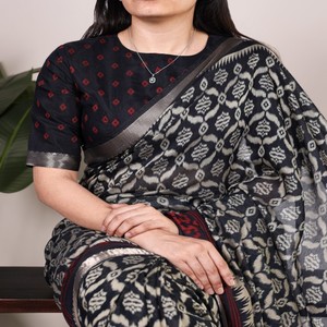 VASTRA COTTAGE Sari de viscosa y algodón Chanderi con estampado Ikkat y borde Zari, blusa sin coser, ropa étnica tradicional para mujer - Product Image 2