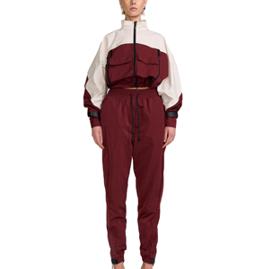 Conjunto Deportivo para Mujer con Bloques de Color, Manga Larga, Cuello Alto, Transpirable, Estilo Urbano, Otoño, Rojo y Blanco, Pantalones Jogger de Poliéster - Product Image 3