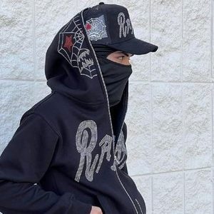 Sudadera con capucha y cremallera completa de moda gótica con esqueleto de diamantes de imitación para hombre y mujer, con logotipo personalizable, estilo acid wash - Product Image 3