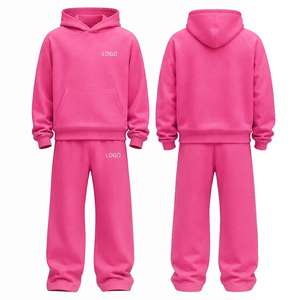 Ensemble de survêtement rose à capuche pour homme, couleur unie, longueur intégrale, 100 % coton, sweat-shirt décontracté avec coupe classique 320 g/m² - Product Image 1