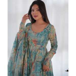 ชุดสูท anarkali organza นุ่มบริสุทธิ์พร้อม DKB-266เย็บเต็ม - Product Image 4