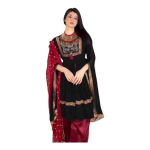 <b>Black</b> Embroidered A-Line Kurta With <b>Red</b> Dupatta Long Sleeve Bohemian Style Knee-Length <b>Dress</b> <b>Wedding</b> <b>Dresses</b> - Product Image 1