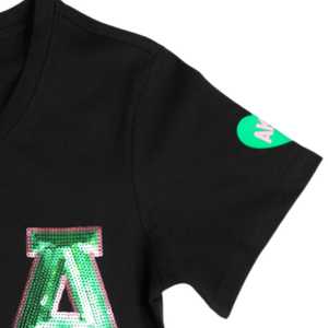 T-shirt décontracté à manches courtes en coton premium pour femme, avec patch de sequins noirs AKA, vêtement de sororité grecque - Product Image 5