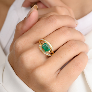 18K White Gold Rhodium Plated Emerald and Diamond Bypass Ring - Product Image 1