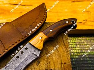 Couteau de chasse et de camping à lame fixe en acier Damas, manche en bois, bord biseauté, tranchant comme un rasoir, forgé à la main avec étui, ODM/Vente en gros - Product Image 4